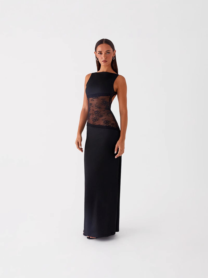 Women's Lace Satin Backless Long Dress