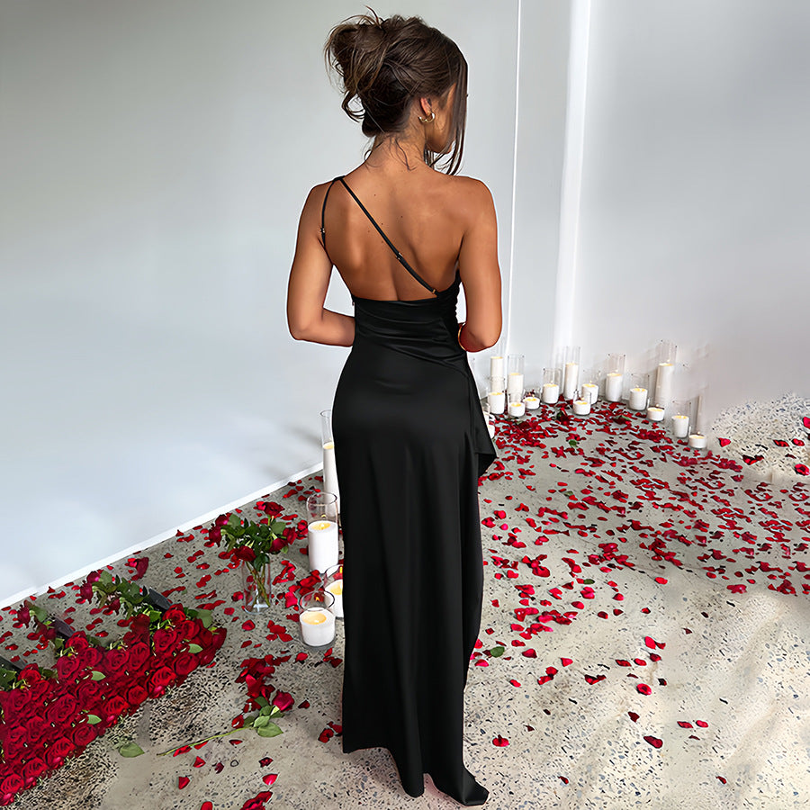 Slim Fit Slanted Shoulder Slit Satin Dress