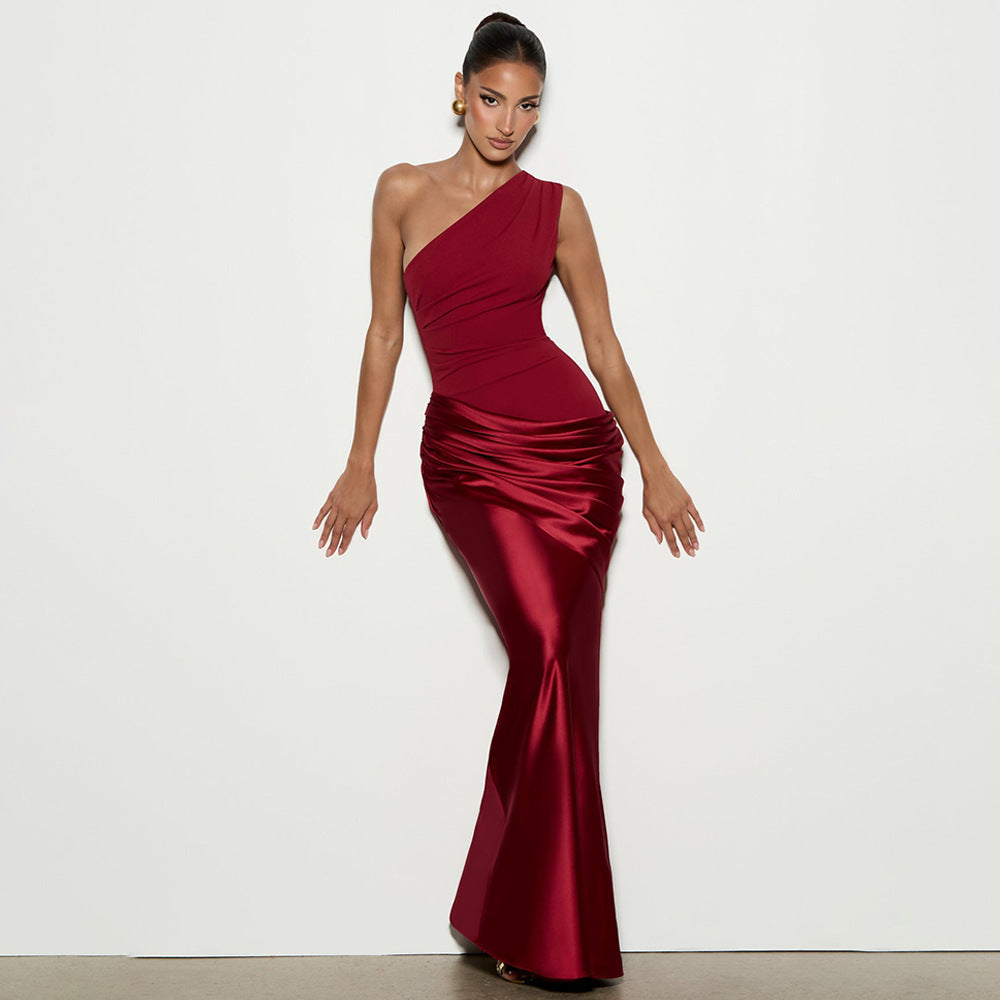 One Shoulder Pleated Satin Dress