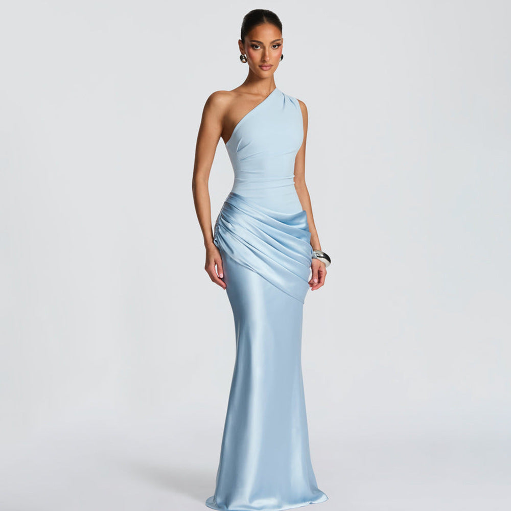 One Shoulder Pleated Satin Dress