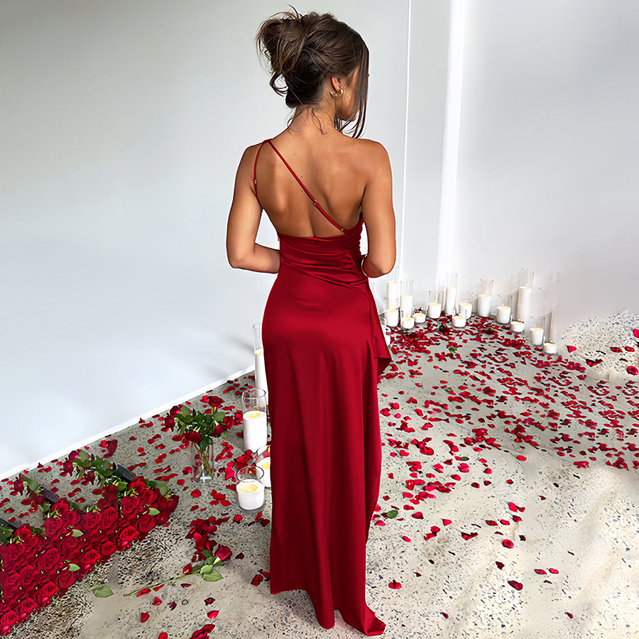 Slim Fit Slanted Shoulder Slit Satin Dress