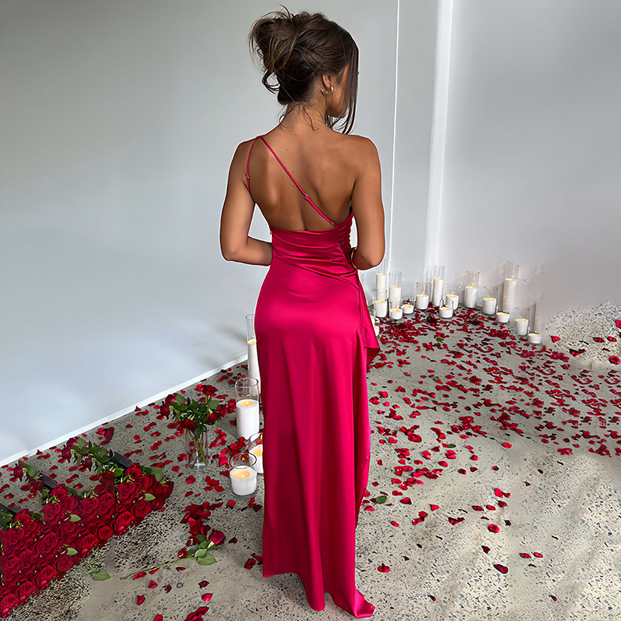 Slim Fit Slanted Shoulder Slit Satin Dress