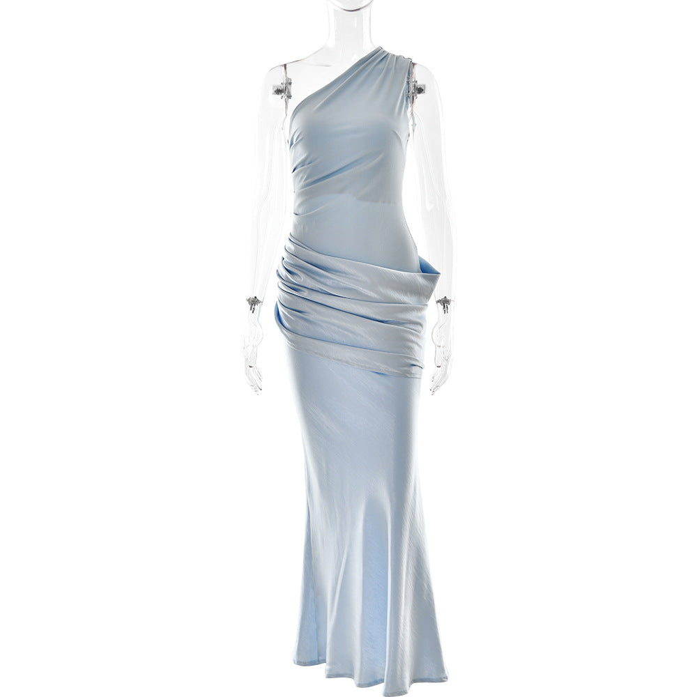 One Shoulder Pleated Satin Dress