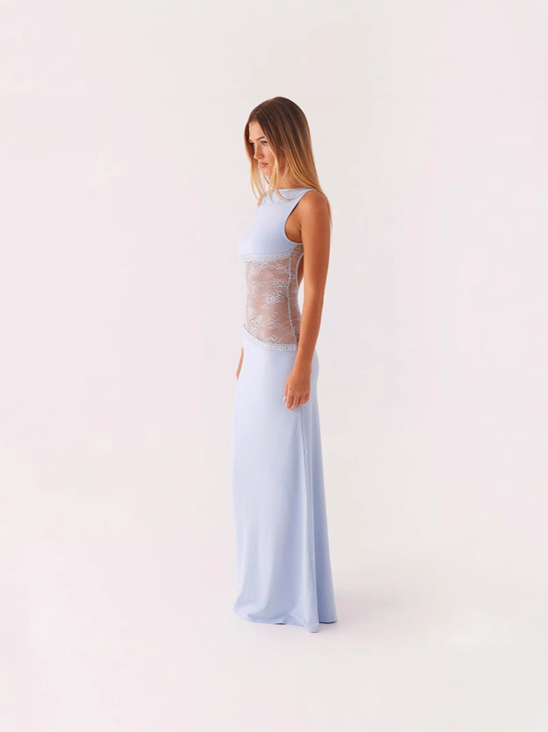 Women's Lace Satin Backless Long Dress