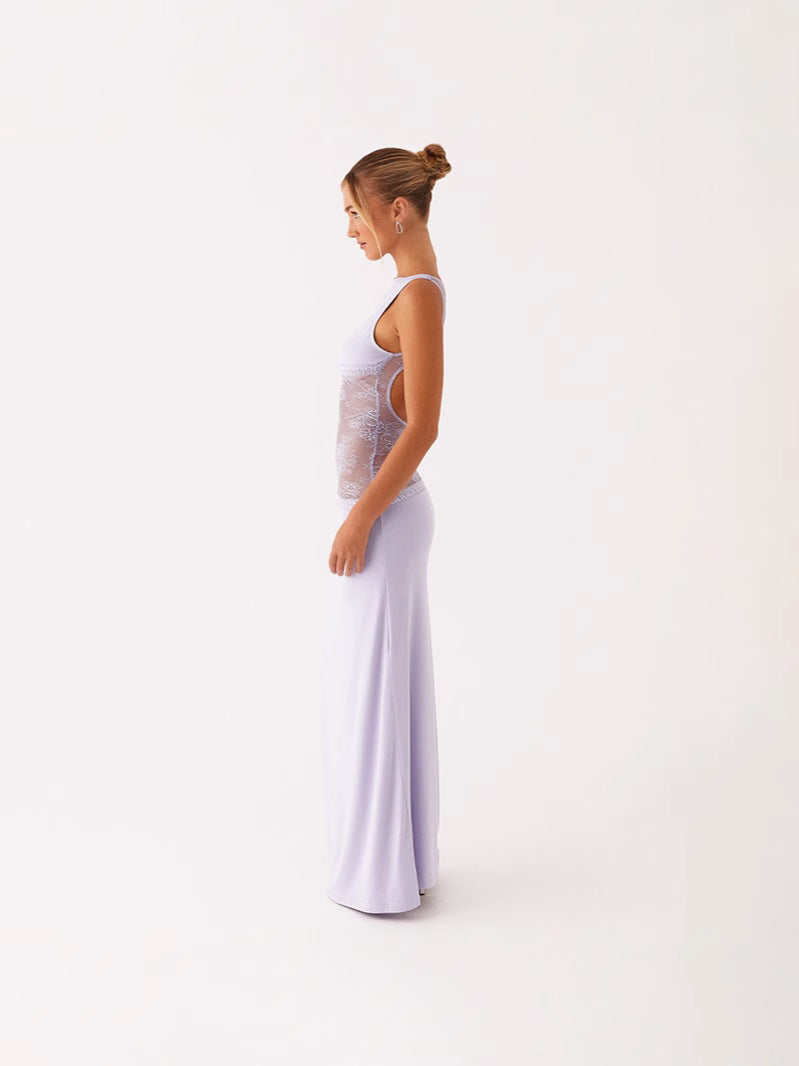 Women's Lace Satin Backless Long Dress