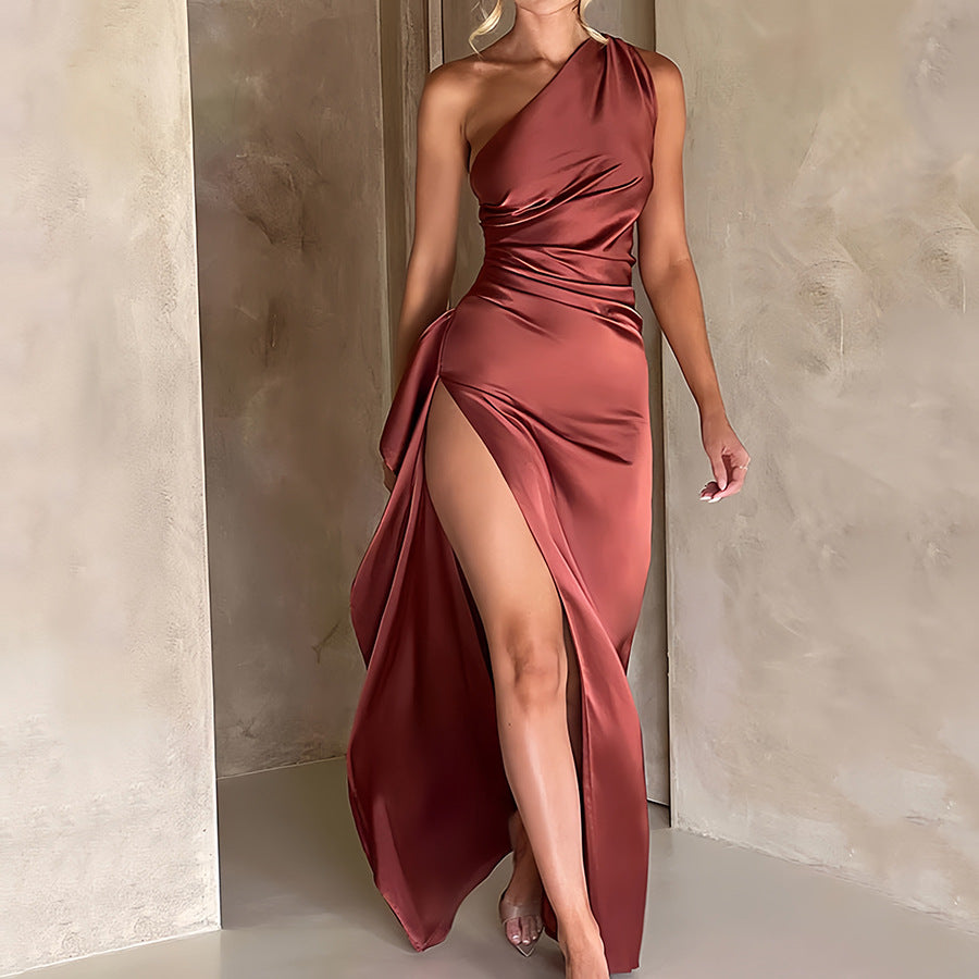 Slim Fit Slanted Shoulder Slit Satin Dress