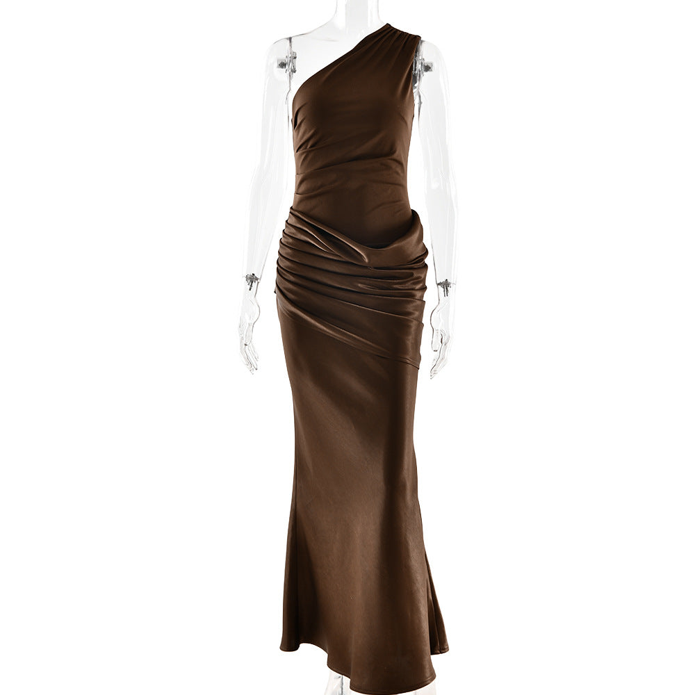 One Shoulder Pleated Satin Dress