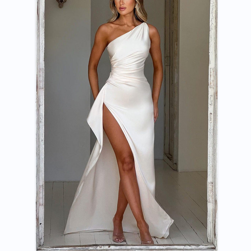 Slim Fit Slanted Shoulder Slit Satin Dress